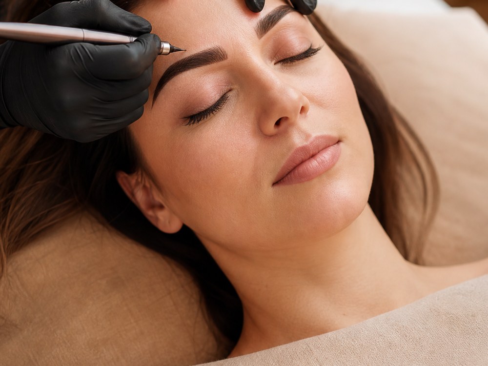 Ögonbryn mäts upp inför en behandling med permanent makeup